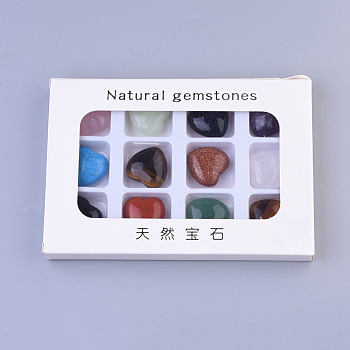 Natural & Synthetic Mixed Stone, Heart Love Stone, Pocket Palm Stone for Reiki Balancing, 25x25x11.5~12.5mm, 12pcs/box