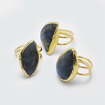 Natural Labradorite Cuff Rings, Open Rings, with Brass Findings, Golden, Size 10, 20mm