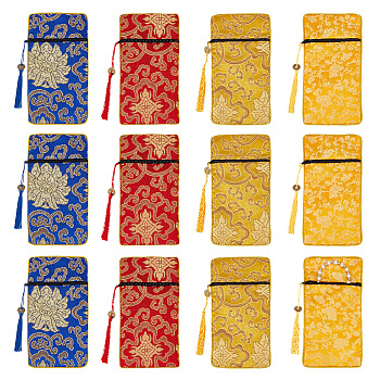 12Pcs 4 Colors Ethnic Style Brocade Sutra Book Zipper Pouch, Double-layer Thickened Scripture Storage Tassel Bags, Rectangle with Floral Pattern, Mixed Color, 20.5x11x0.4cm, 3pcs/color