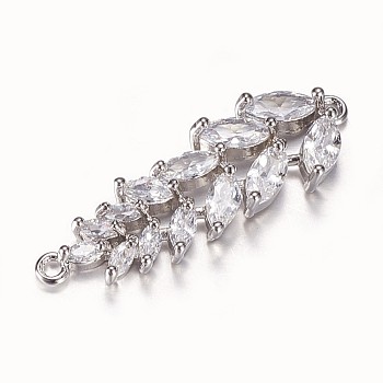 Brass Links, Clear, with Cubic Zirconia, Leaf, Platinum, 33.5x11x4mm, Hole: 1mm