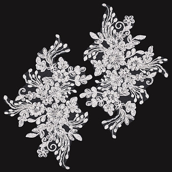 Flower Pattern Polyester Embroidered Lace Appliques, Handicarft Beading Appliques, Costume Dress Accessories, Antique White, 160x250x2mm