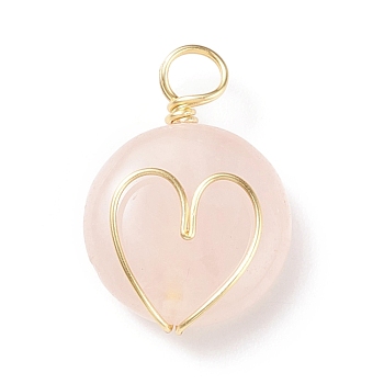 Natural Rose Quartz Gemstone Pendants, with Real 18K Gold Plated Eco-Friendly Copper Wire Wrapped, Flat Round with Heart Charm, 22x16x5.5mm, Hole: 3~4.5mm