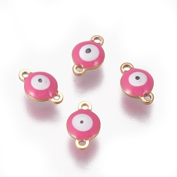 Ion Plating(IP) 304 Stainless Steel Enamel Links connectors, Flat Round with Evil Eye, Golden, Hot Pink, 9.5x6x3.5mm, Hole: 1.2mm