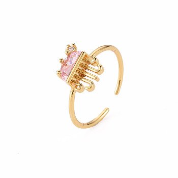 Brass Micro Pave Cubic Zirconia Cuff Rings, Open Rings, Cadmium Free & Nickel Free & Lead Free, Jellyfish, Pearl Pink, Real 16K Gold Plated, US Size 7 1/4(17.5mm)