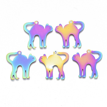Ion Plating(IP) 201 Stainless Steel Pendants, Etched Metal Embellishments, Stretching Cat Shape, Rainbow Color, 26x27x0.3mm, Hole: 1.8mm