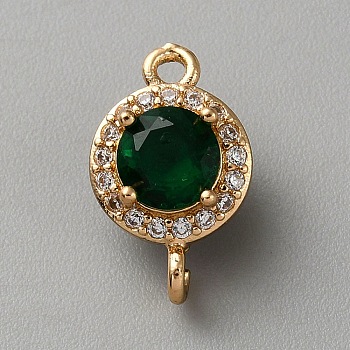 Light Gold Plated Brass Pave Cubic Zirconia Connector Charms, Flat Round Links, Green, 15x9.5x7mm, Hole: 1.4mm and 1.8mm