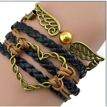 Suede & Imitation Leather Cord Knitted Multi-strand Bracelets, Alloy Link Adjustable Bracelets, Heart, 7-1/8 inch(18cm)