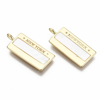 Natural Freshwater Shell Pendants, with Brass Findings, Nickel Free, Loops, Rectangle with Word New York, Real 18K Gold Plated, 22x9.5x1mm, Hole: 1.2mm