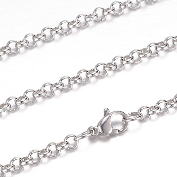 Non-Tarnish 304 Stainless Steel Rolo Chain Necklaces, with Lobster Claw Clasps, Stainless Steel Color, 20.07 inch(51cm)