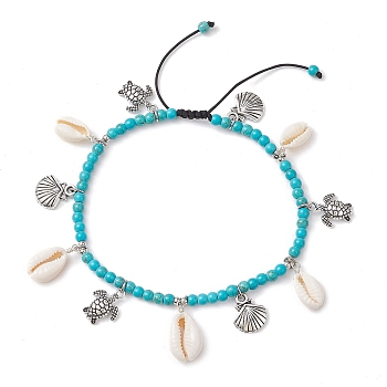 Natural Shell & Alloy Tortoise Charm Anklet, Ocean Theme Synthetic Turquoise Braided Beads Adjustable Anklets, Antique Silver, Inner Diameter: 2-5/8~4-1/2 inch(6.7~11.5cm)