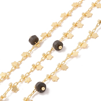 Natural Black Larvikite Column Beaded Chains, with Brass Paperclip Chains and Star Charm, Soldered, with Spool, Lead Free & Cadmium Free, Golden, 2x1x0.5mm, 5x3x1mm