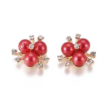 Alloy Cabochons, with Crystal Rhinestone & Acrylic Imitation Pearl, Flower, Light Gold, Red, 19~20x21~22x10mm