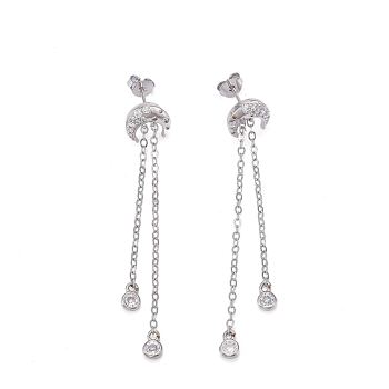 Brass Micro Pave Clear Cubic Zirconia Dangle Stud Earrings, with Cable Chains, Long-Lasting Plated, Moon, Real Platinum Plated, 58x10mm, Pin: 0.8mm