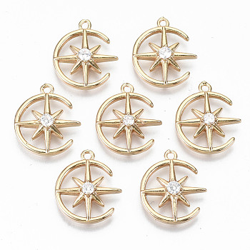 Brass Micro Pave Cubic Zirconia Pendants, Light Gold, Long-Lasting Plated, Cadmium Free & Lead Free, Moon & Star, Clear, 18x15x4mm, Hole: 1.4mm