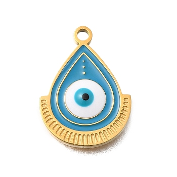 PVD Vacuum Plating 201 Stainless Steel Pendants, with Enamel, Evil Eye Charm, Real 18K Gold Plated, Teardrop, 17x13x2mm, Hole: 1.5mm