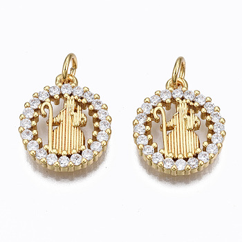 Brass Micro Pave Clear Cubic Zirconia Pendants, with Jump Rings, Nickel Free, Ring with Human, Real 16K Gold Plated, 16x13x3mm, Hole: 3mm