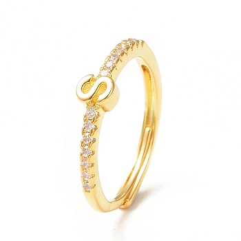 Clear Cubic Zirconia Initial Letter Adjustable Ring, Golden Brass Jewelry for Women, Letter.S, Inner Diameter: 18mm