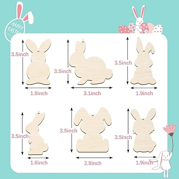 6Pcs Easter Theme Unfinished Wooden Craft Cutouts, Wood Pieces, Rabbit, 8.9x4.8~7.9cm