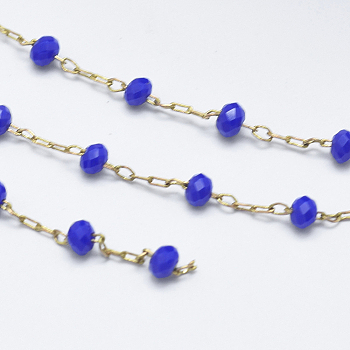 Handmade Glass Beaded Chains, Soldered, with Spool, Brass Chain, Blue, 3x2mm, about 32.8 Feet(10m)/roll