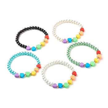 Heart Beads Stretch Bracelet for Girl Women, Glass Pearl & Polymer Clay & Brass Beads Bracelet, Mixed Color, Inner Diameter: 2-1/8 inch(5.3cm)
