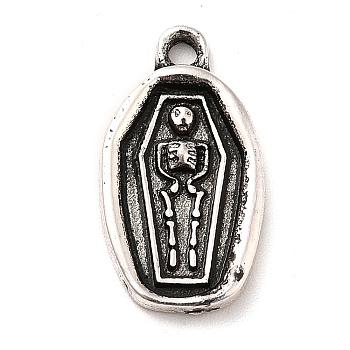 Tibetan Style Alloy Pendants, Halloween, Oval Coffin with Skull Charm, Antique Silver, 20x11x2.1mm, Hole: 1.8mm