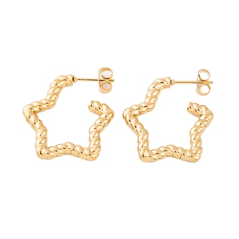 Ion Plating(IP) 304 Stainless Steel Half Hoop Stud Earrings for Women, Twisted Star, Real 18K Gold Plated, 25x3mm