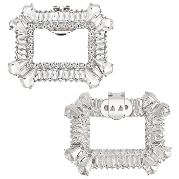 2Pcs Platinum Alloy & Rhinestone Detachable Shoe Buckle Clips, Rectangle Shoe Decoration, Crystal, 53.5x64x6.5mm