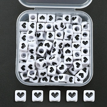 Opaque Acrylic Beads, Cube with Heart, White, 6x6x6mm, Hole: 3.5mm, 100pcs/box