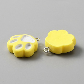 Opaque Resin Pendants, with Platinum Plated Iron Loops, Cat Claw Charm, Yellow, 21x20x7.5mm, Hole: 2mm