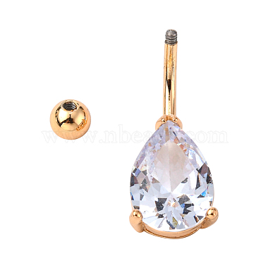 Real 18K Gold Plated Teardrop Brass Cubic Zirconia Navel Ring Navel Ring Belly Rings(AJEW-EE0001-13B)-3