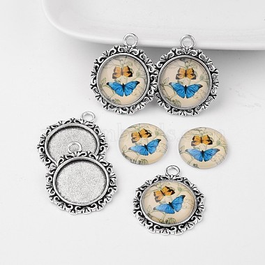 Antique Silver Alloy Pendant Cabochon Bezel Settings and Butterfly Printed Glass Cabochons(TIBEP-X0179-C37)-1