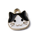 Alloy Enamel Pendants, with Rhinestone, Light Gold, Cat Head Charm, Black, 15x14x2mm, Hole: 2mm(ENAM-WH0065-27KCG-03)