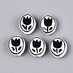 Handmade Porcelain Beads, Hand Painted, Famille Rose Porcelain, Oval & Tulip Flower, Black, 16~18x13~14.5x6.5~7.5mm, Hole: 1.6~1.8mm(PORC-N013-10A)