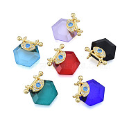 Brass Micro Pave Clear Cubic Zirconia Pendants, with Glass, Nickel Free, Real 18K Gold Plated, Hexagon with Eye, Mixed Color, 24x22.5x9mm, Hole: 1.8mm(KK-N227-106)