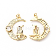 Rack Plating Brass Cubic Zirconia Pendants, Cadmium Free & Lead Free, Real 18K Gold Plated, Long-Lasting Plated, Crescent Moon with Bird Charm, Clear, 31x24x4.5mm, Hole: 3.5x4.5mm(KK-G456-17G)