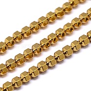Electroplate Non-magnetic Synthetic Hematite Beads Strands, Hexagon, Golden Plated, 4x4mm, Hole: 1mm, about 97pce/strand, 15 inch(G-I095-01)