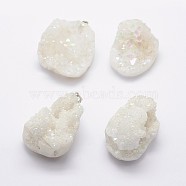 Electroplated Natural Druzy Crystal Pendants, with Real Platinum Plated Brass Finding, Nuggets, AB Color Plated, 35.5~42x22~33x10~25mm, Hole: 3.5x6mm(G-F535-01A)