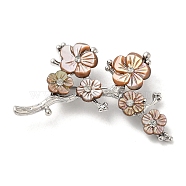 Peach Blossom Flower Natural Dyed White Shell Brooches for Women, with Platinum Tone Brass Branch, Camel, 29x48x9.5mm(JEWB-E031-03P-02)