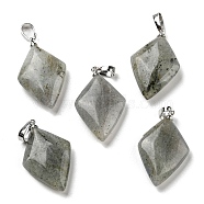 Natural Labradorite  Pendants, with Platinum Tone Brass Findings, Rhombus Charm, 28~29x17~18x5.5~6mm, Hole: 4x7mm(G-C066-03B)