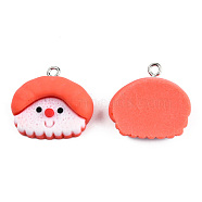 Christmas Opaque Resin Pendants, with Platinum Plated Iron Loops, Santa Claus Charm, Orange Red, 21~22x22.5~23x7.5mm, Hole: 2mm(CRES-N022-188)