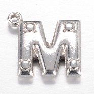 201 Stainless Steel Charms, Letter M, Stainless Steel Color, 15x15.2x3.2mm, Hole: 1.2mm(X-STAS-G081-35P)
