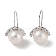 Sterling Silver Dangle Earrings, with Natural Pearl and Cubic Zirconia, Jewely for Women, Half Round, 21x13.5mm(EJEW-C087-05A-P)