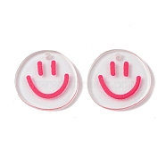 Transparent Printed Acrylic Pendants, Flat Round with Smiling Face Charm, Fuchsia, 20.5~21x20~21x2mm, Hole: 1.6mm(TACR-P005-01C)