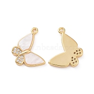 Brass Micro Pave Clear Cubic Zirconia Pendants, with White Shell, Butterfly Charms, Real 18K Gold Plated, 13.5x17.5x2mm, Hole: 1.2mm(KK-E068-VC111)