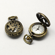 Vintage Hollow Flat Round Zinc Alloy Quartz Watch Heads, for Pocket Watch Pendant Necklace Making, Antique Bronze, 36x27x12mm, Hole: 10x1mm(WACH-R008-07)