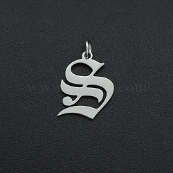 304 Stainless Steel Pendants, with Jump Ring, Old English, Letter, Laser Cut, Stainless Steel Color, Letter.S, 17x13x1mm, Hole: 3mm(STAS-R111-JA565-S)