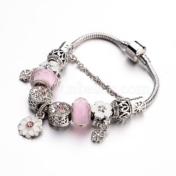 Fashion Brass European Bracelets, with Glass Beads and Alloy Rhinestone Enamel Beads, Pearl Pink, 190x3mm(BJEW-L583-02B)