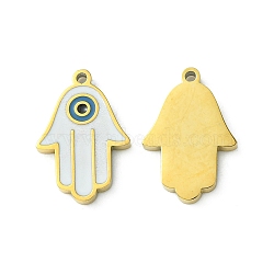 Ion Plating(IP) 304 Stainless Steel Manual Polishing Charms, with Enamel, Hamsa Hand/Hand of Miriam with Evil Eye, Golden, 14x9.5x1.5mm, Hole: 1mm(STAS-C075-28G)