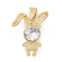Brass Micro Pave Cubic Zirconia Pendants, with Glass, Real 18K Gold Plated, Rabbit Charms, Clear, 23.5x18.5x7mm, Hole: 6.5x3.5mm(KK-E108-33G)