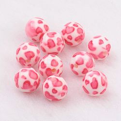 Spray Painted Resin Beads, with Heart Pattern, Round, Hot Pink, 10mm, Hole: 2mm(GLAA-F049-A17)